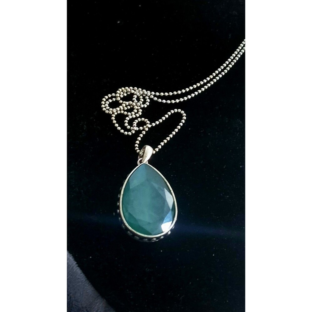 Touchstone Crystal Swarovski Faceted  Teal  Pendant Necklace Tear Drop Rhodium